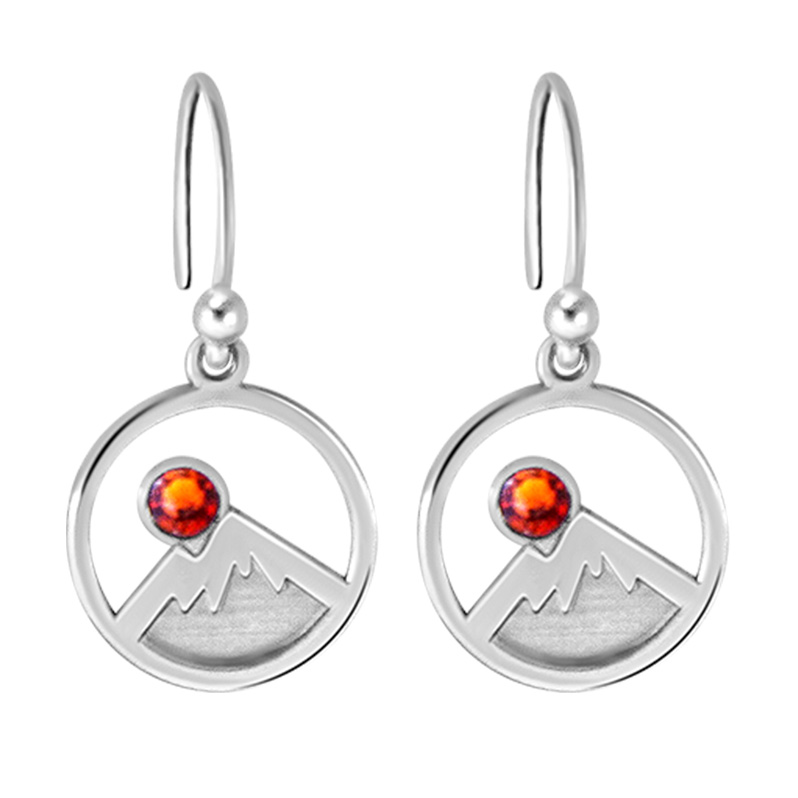 Kavalis Colorado Collection Silver Earrings Engraved Mountains and Topaz Red Swarovski Crystal