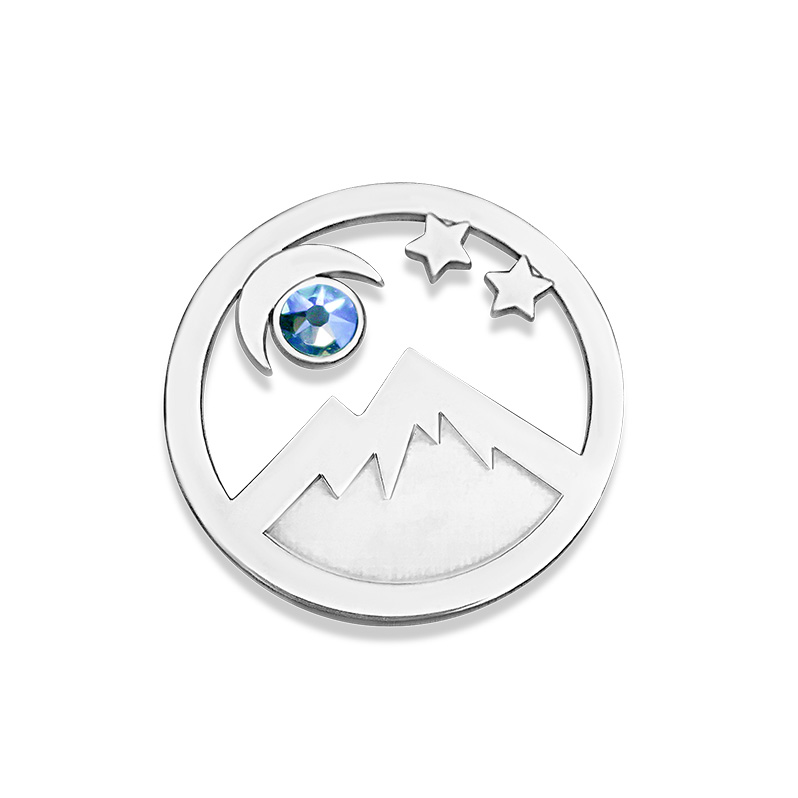 Kavalis Colorado Collection sterling silver interchangeable locket insert of Colorado landscape with the mountain and moon adorned with a sky-blue Swarovski crystal