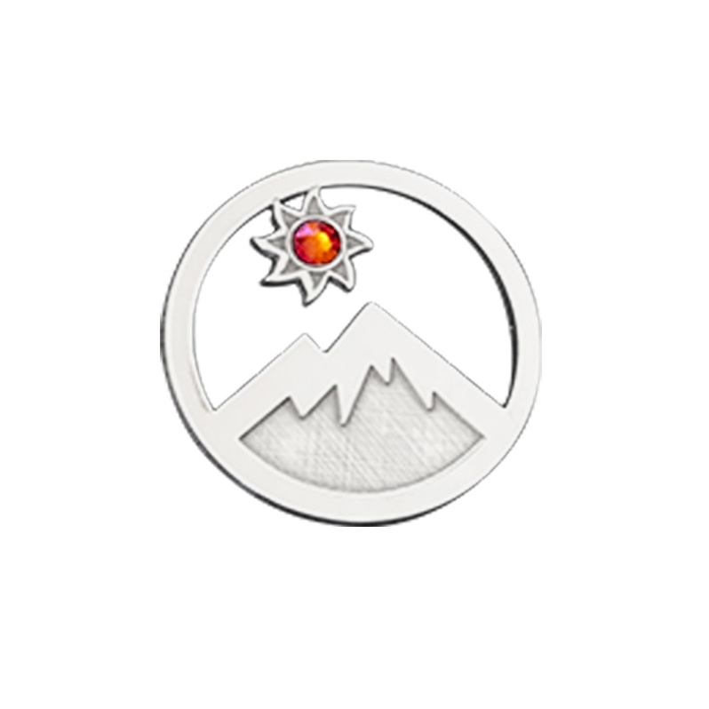 Kavalis Colorado Collection sterling silver interchangeable locket insert of Colorado landscape with the mountain and sun adorned with a topaz red Swarovski crystal