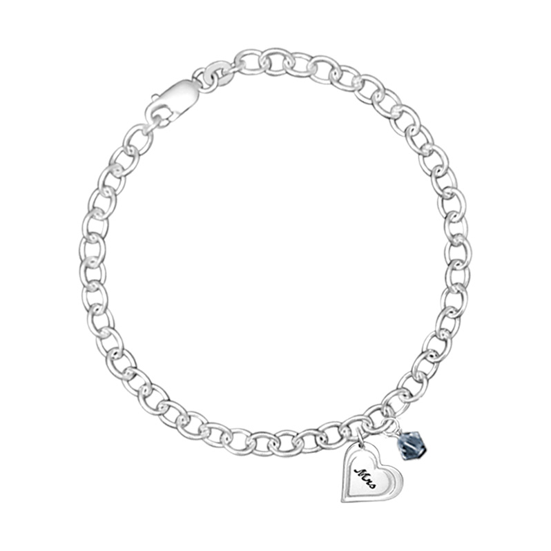 Chain bracelet with heart engraved with Mrs and blue Swarovski charm