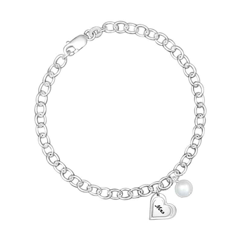 Bridal bracelet with heart charm engraved with Mrs and fresh water pearl