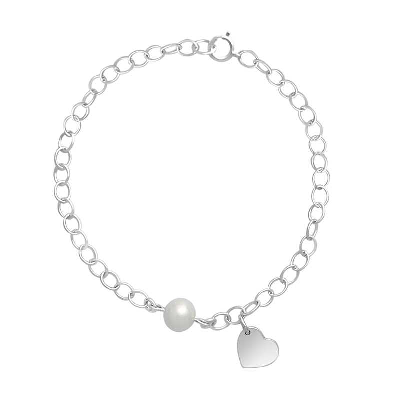 Link charm bracelet with heart charm and fresh water pearl