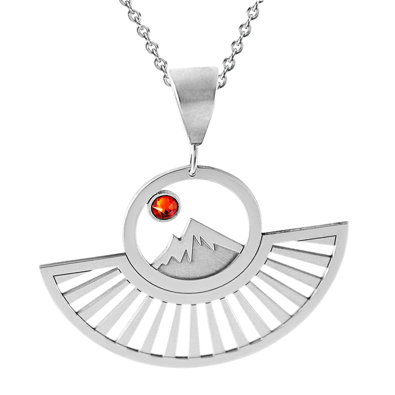 Kavalis Colorado Collection Statement Pendant of Colorado Rockies with Sunrays and Red Swarovski Crystal