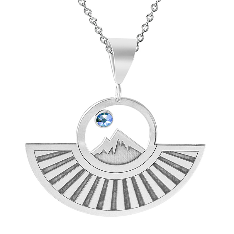 Kavalis Colorado Collection Pendant of Colorado Rockies Engraved Sunrays and Blue Swarovski Crystal