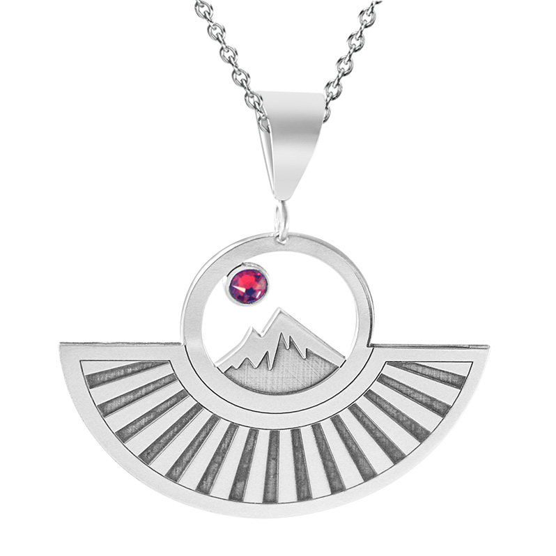 Kavalis Colorado Collection Pendant of Colorado Rockies Engraved Sunrays and Red Swarovski Crystal