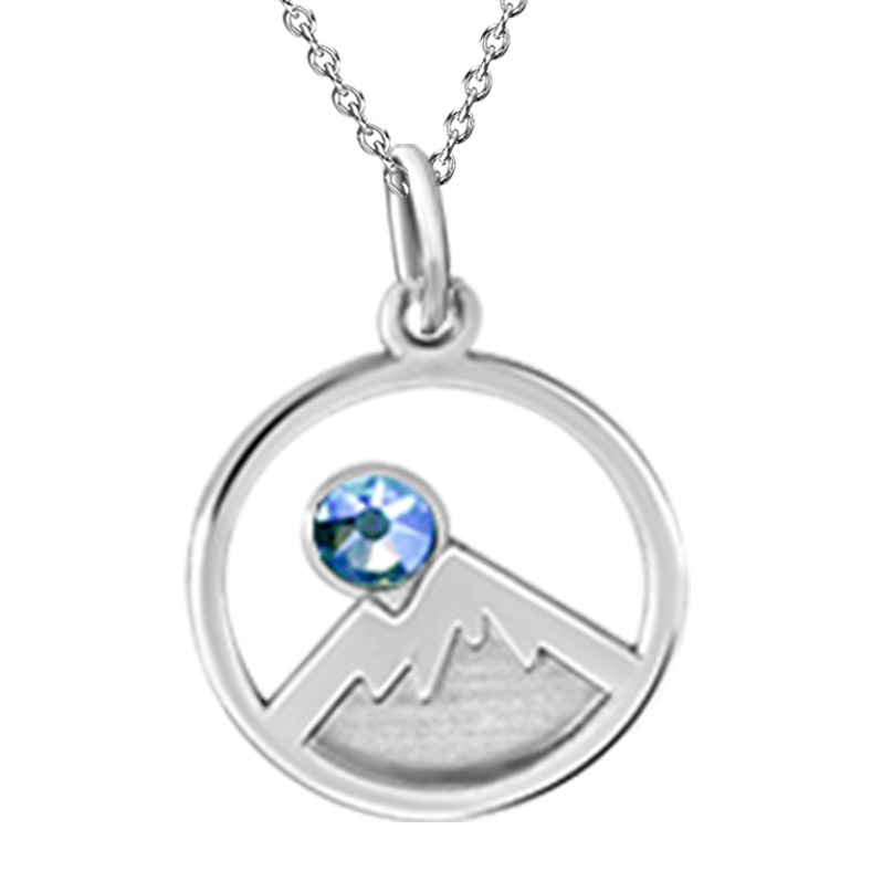 Kavalis Collection Silver Pendant Engraved Mountains and Sky Blue Swarovski Crystal