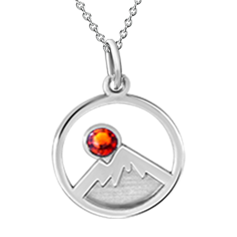 Kavalis Collection Silver Pendant Engraved Mountains and Topaz Red Swarovski Crystal