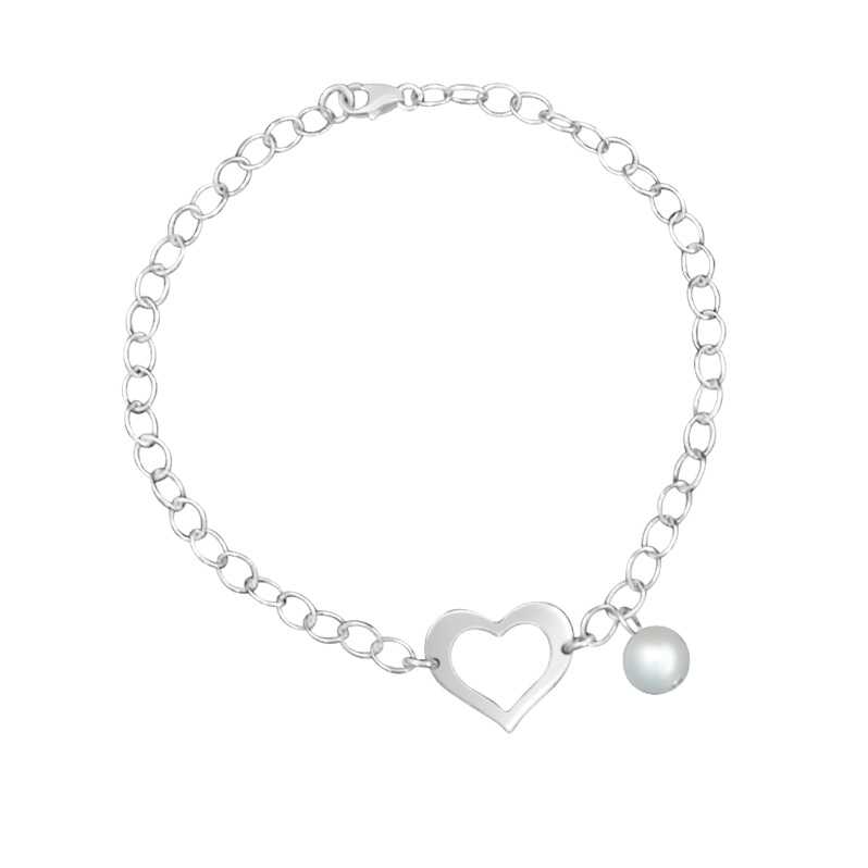 Chain Link Bracelet with Cutout Heart and fresh Water Pearl